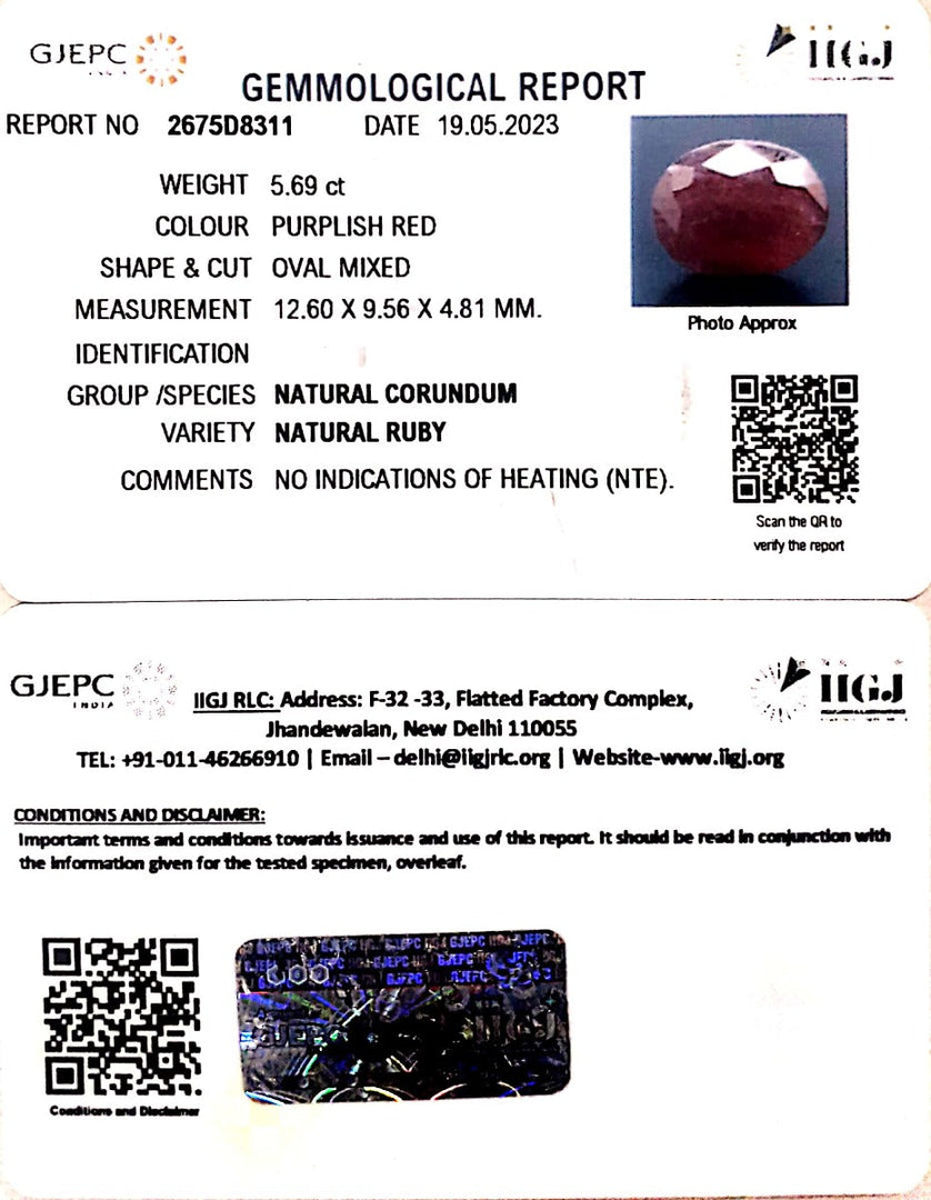 5.69/CT Natural Neo Burma Ruby with Govt. Lab Certificate (4551)