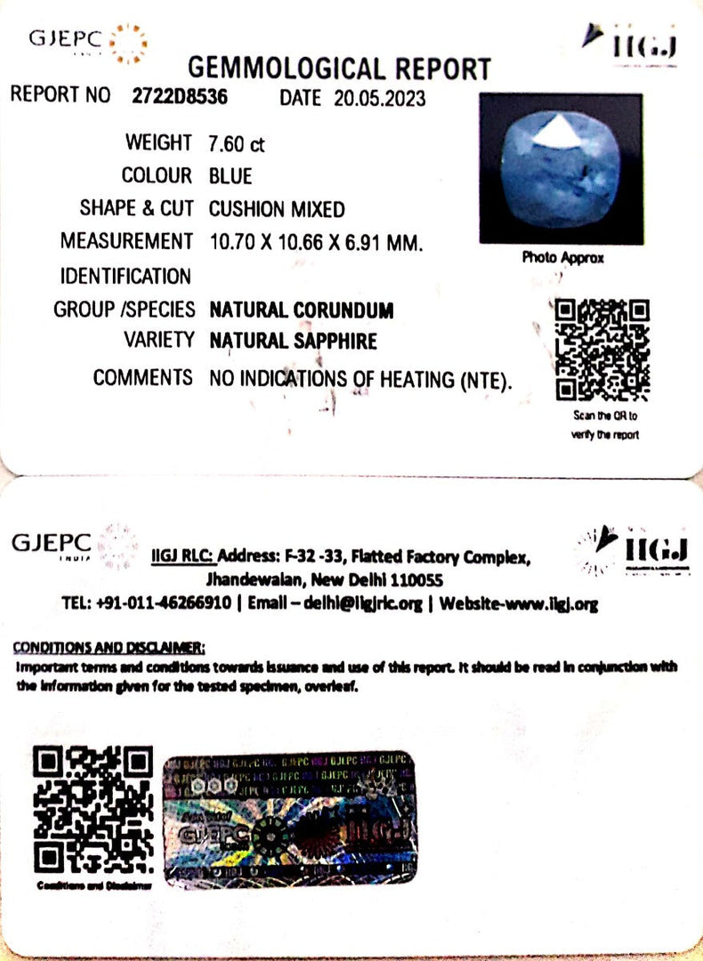 7.60/CT Natural Blue Sapphire with Govt Lab Certificate (6771)