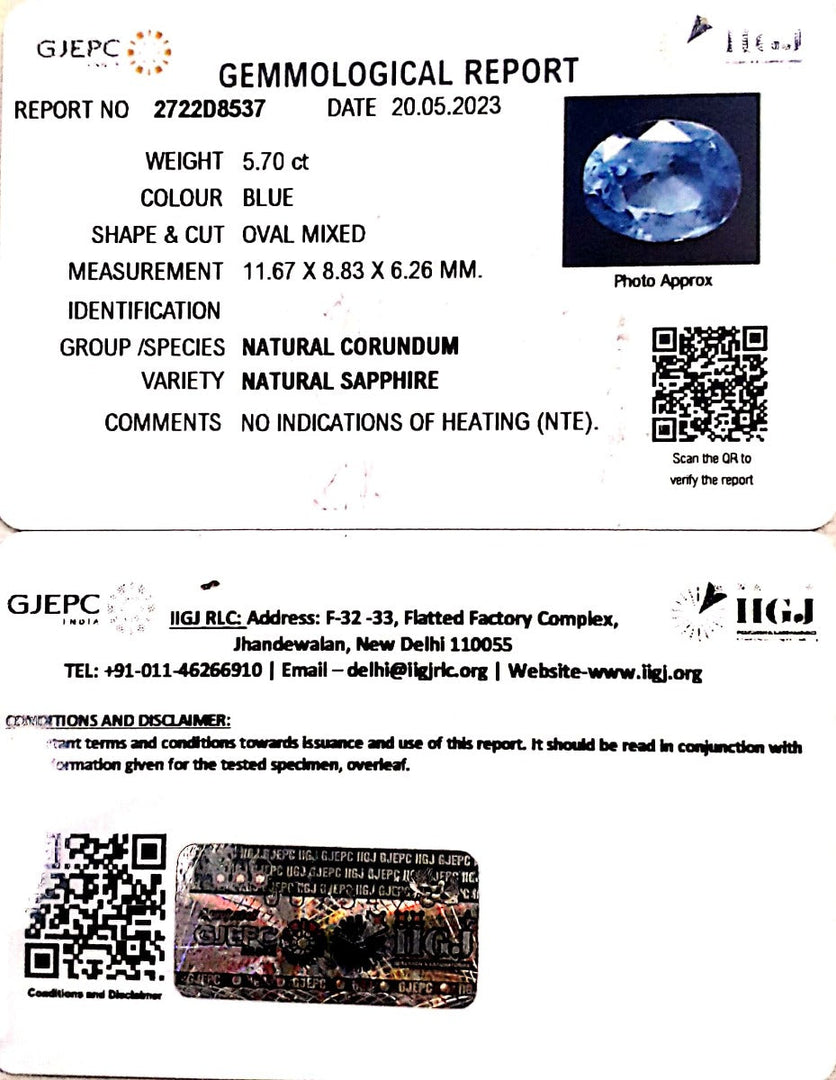 5.70/CT Natural Blue Sapphire with Govt Lab Certificate-BLUSA9V