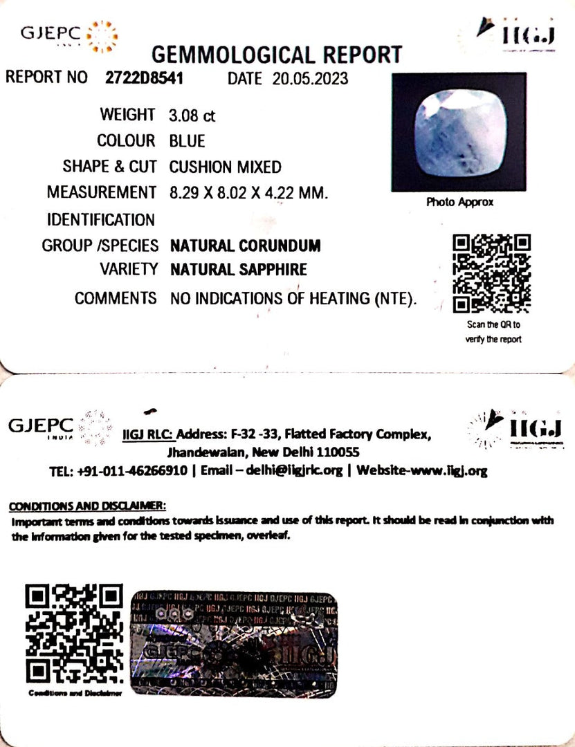 3.08/CT Natural Blue Sapphire with Govt Lab Certificate (4551)