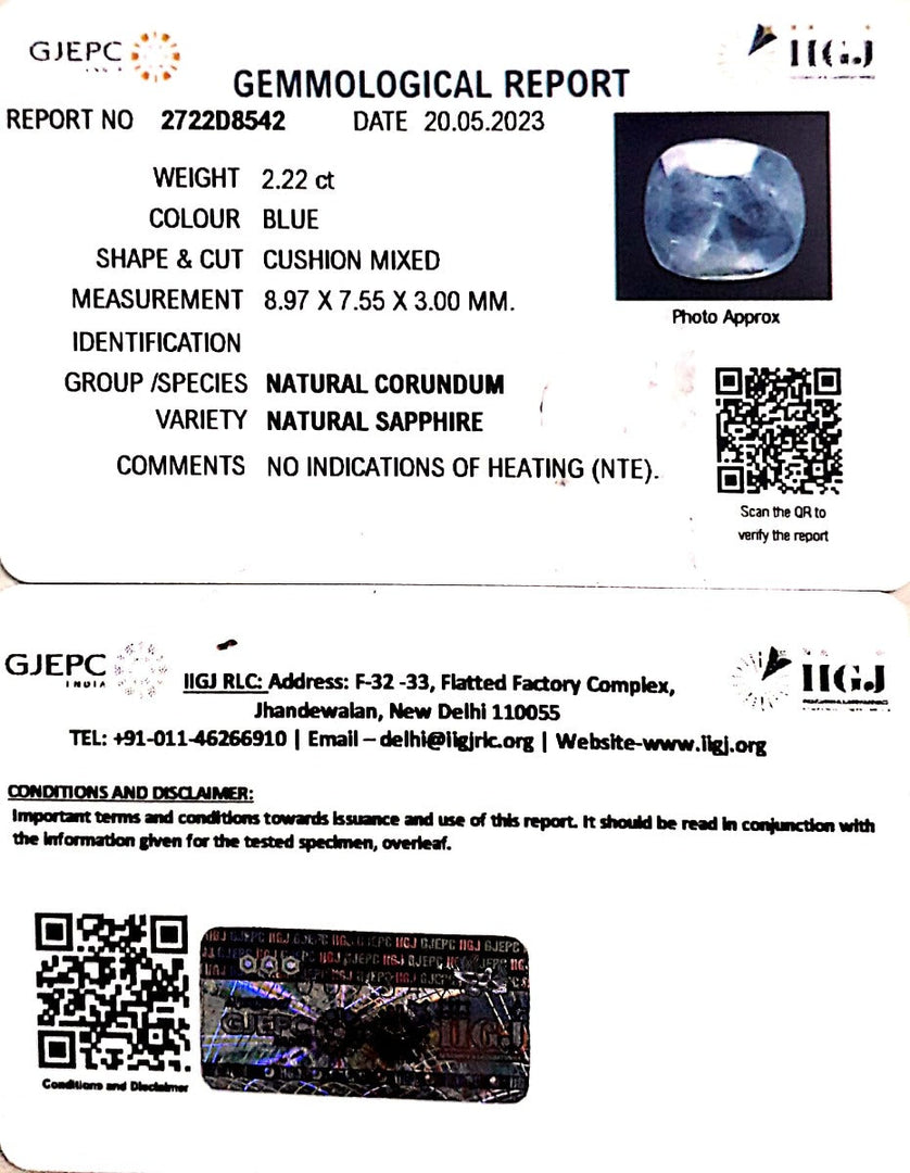 2.22/CT Natural Blue Sapphire with Govt Lab Certificate (4551)