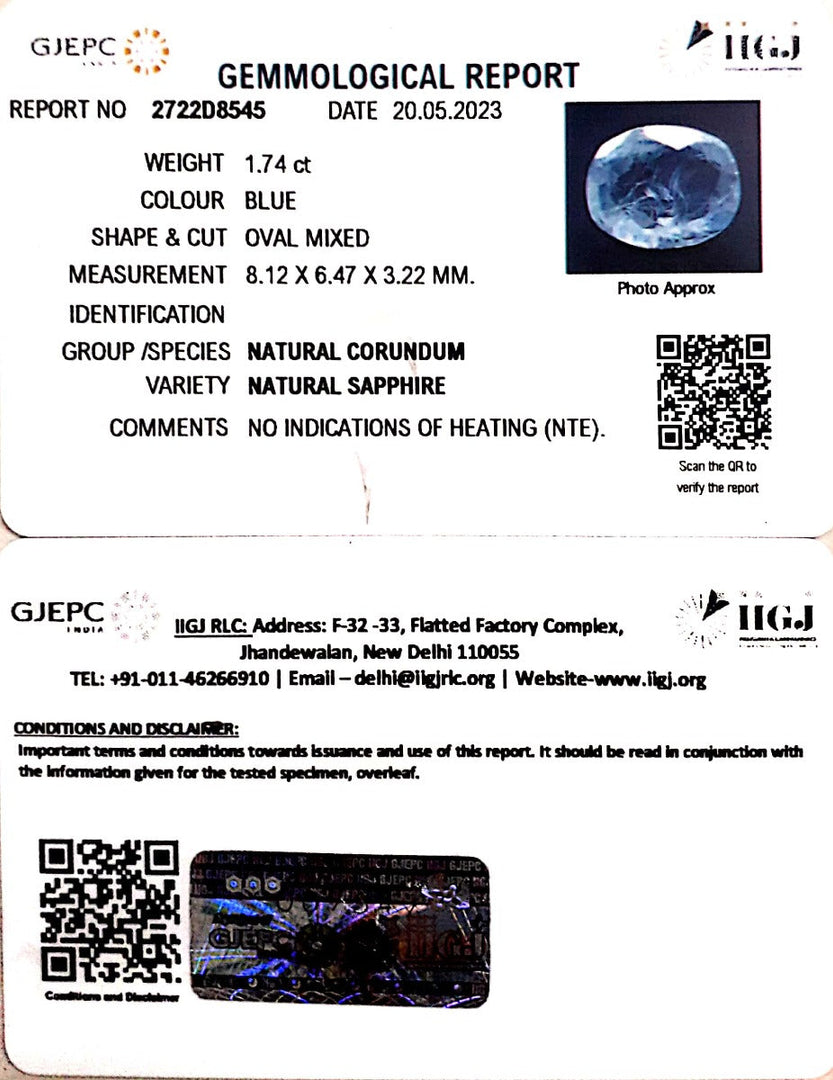 1.93/CT Natural Blue Sapphire with Govt Lab Certificate (4551)