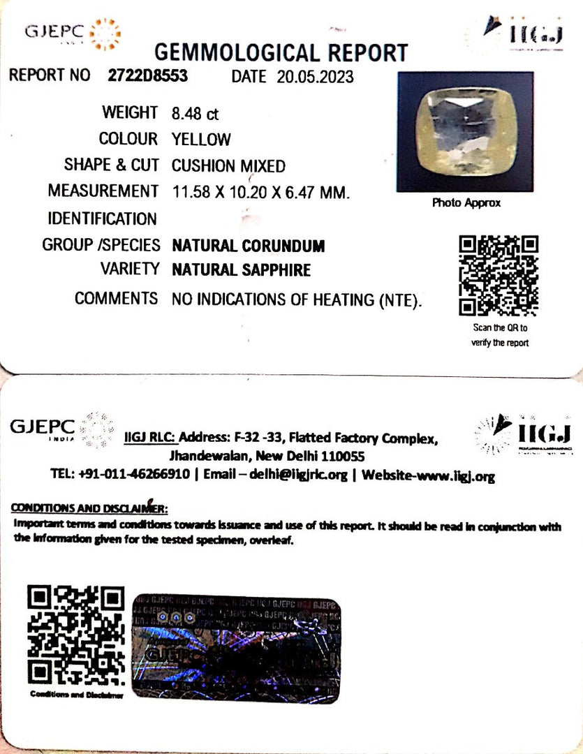 8.48/CT Natural Ceylonese Pukhraj with Govt Lab Certificate (YELSA9T)