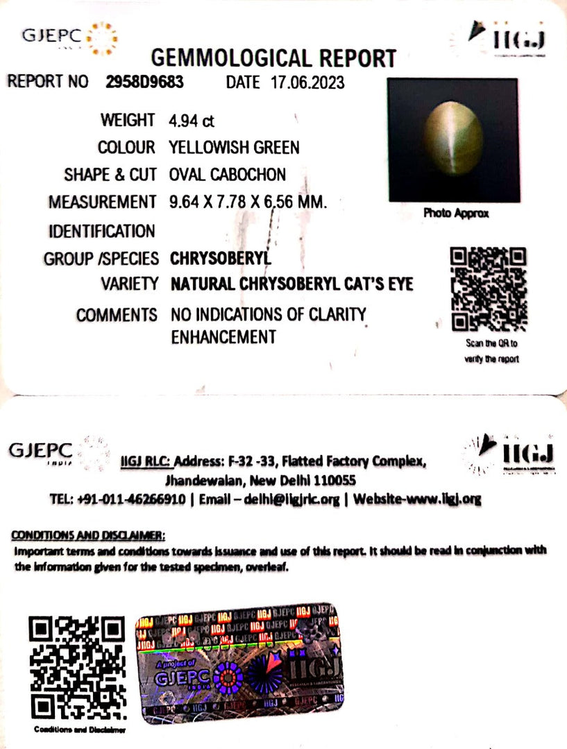 4.94/CT Natural Chrysoberyl Cat's Eye With Govt. Lab Certificate (6771)