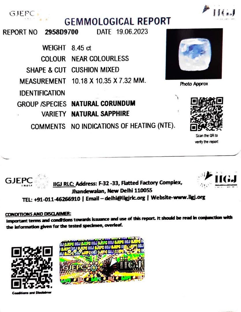8.45/CT Natural White Sapphire with Govt Lab Certificate (6771)