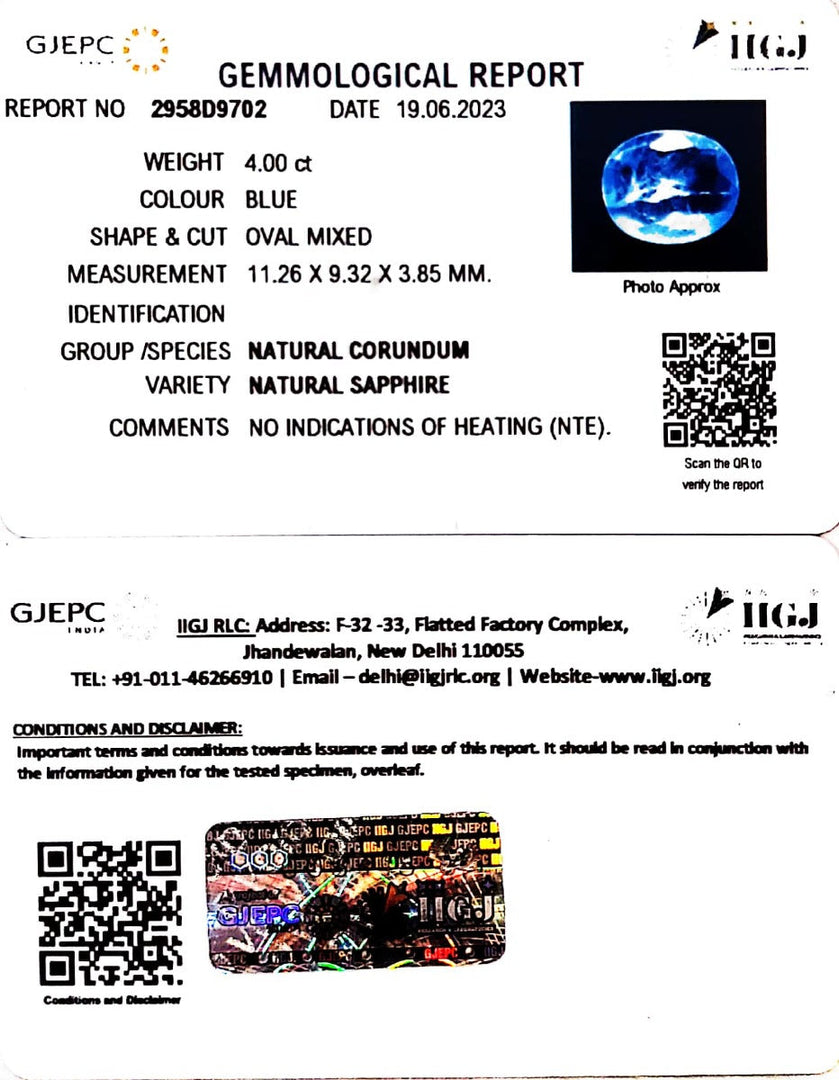4.00/CT Natural Blue Sapphire with Govt Lab Certificate (8991)