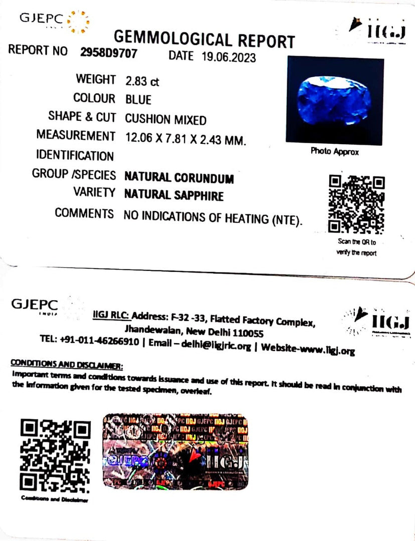 2.83/CT Natural Blue Sapphire with Govt Lab Certificate-BLUSA9S