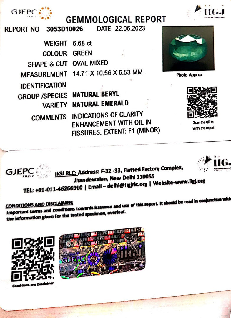6.68/CT Natural Panna Stone with Govt. Lab Certificate (56610)