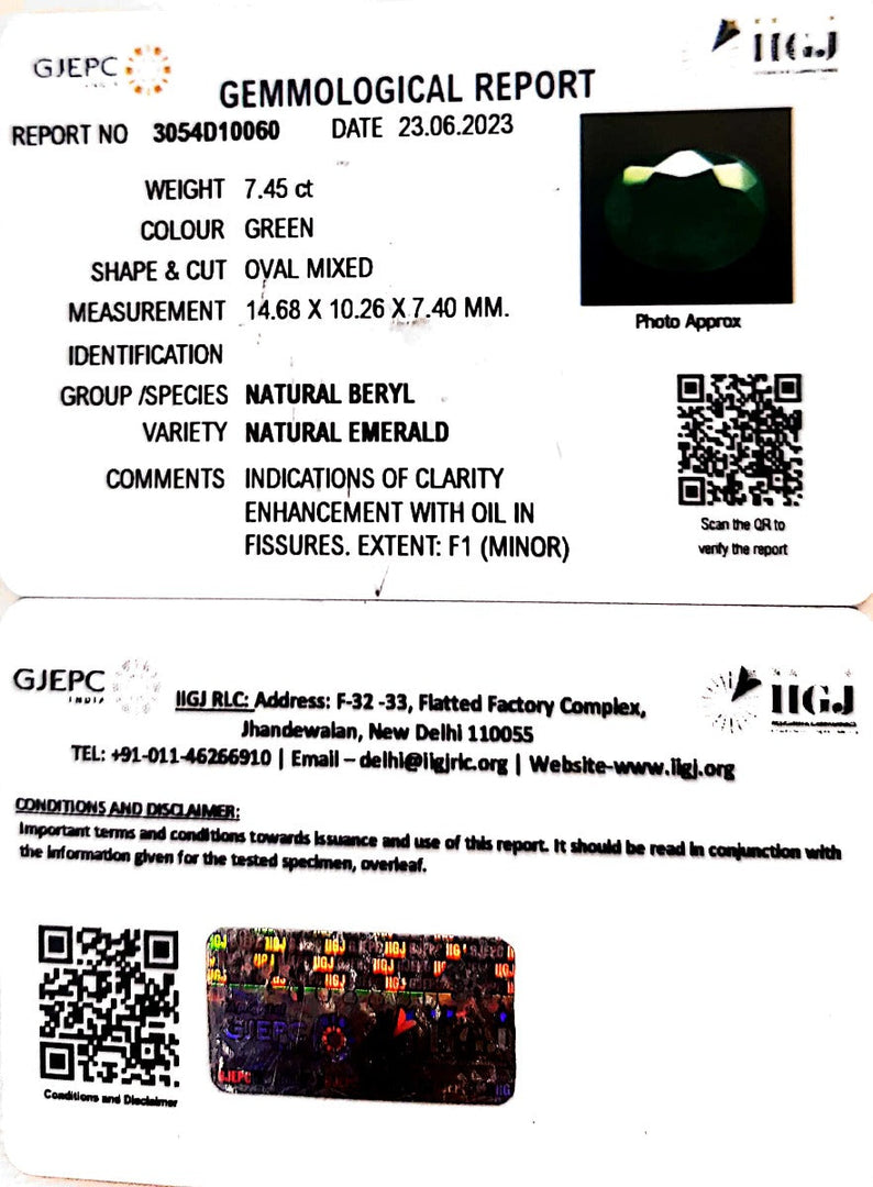 7.45/CT Natural Panna Stone with Govt. Lab Certificate (16650)