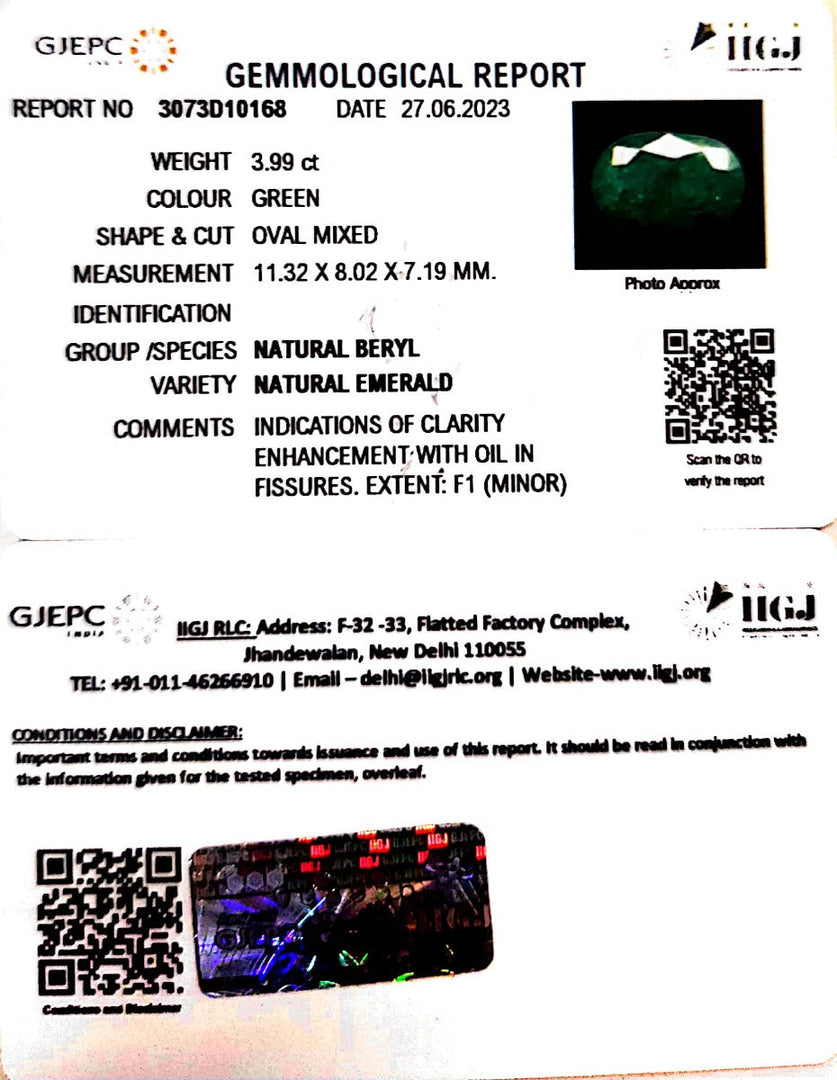 3.99/CT Natural Panna Stone with Govt. Lab Certificate (1221)