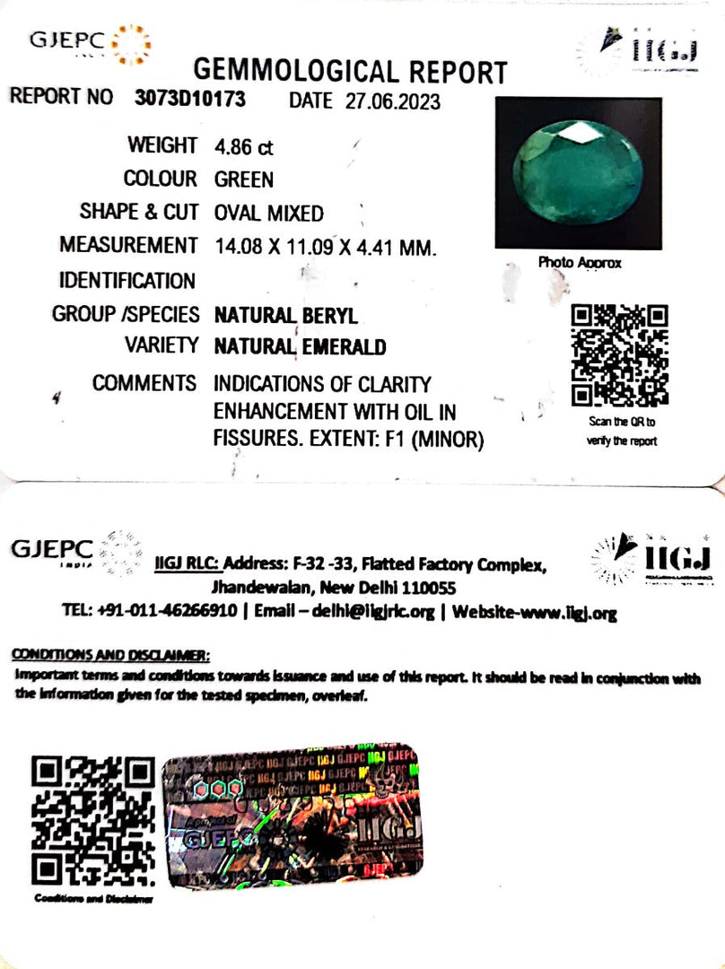 4.86/CT Natural Panna Stone with Govt. Lab Certificate (3441)
