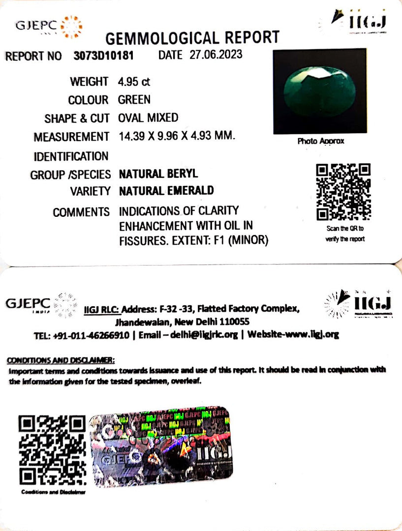 4.95/CT Natural Panna Stone with Govt. Lab Certificate (3441)