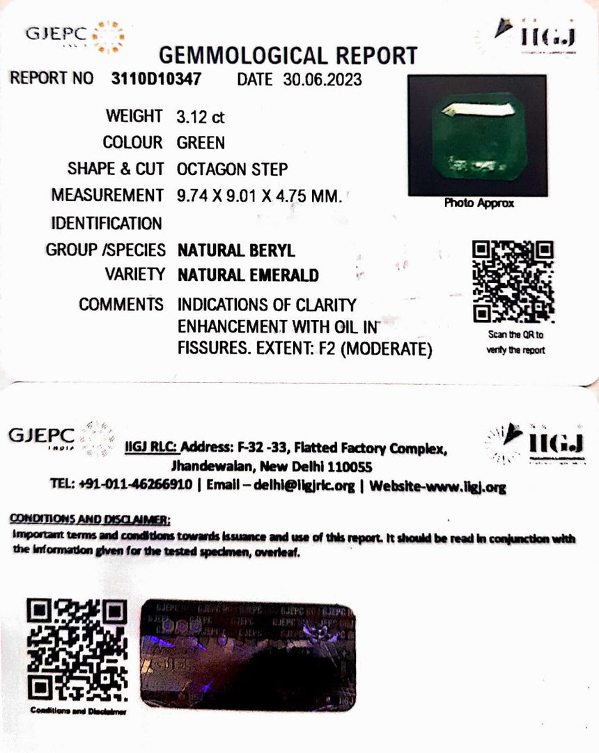 3.12/CT Natural Panna Stone with Govt. Lab Certificate (1221)