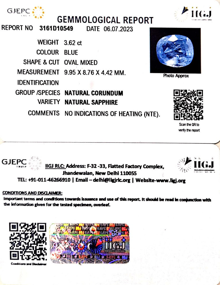 3.62/CT Natural Blue Sapphire with Govt Lab Certificate-BLUSA9S