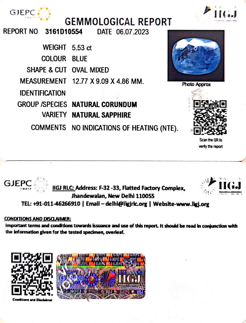 5.53/CT Natural Blue Sapphire with Govt Lab Certificate (8991)