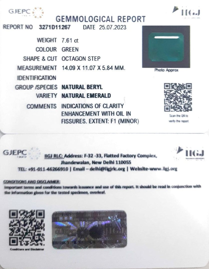 7.61/CT Natural Panna Stone with Govt. Lab Certificate (34410)