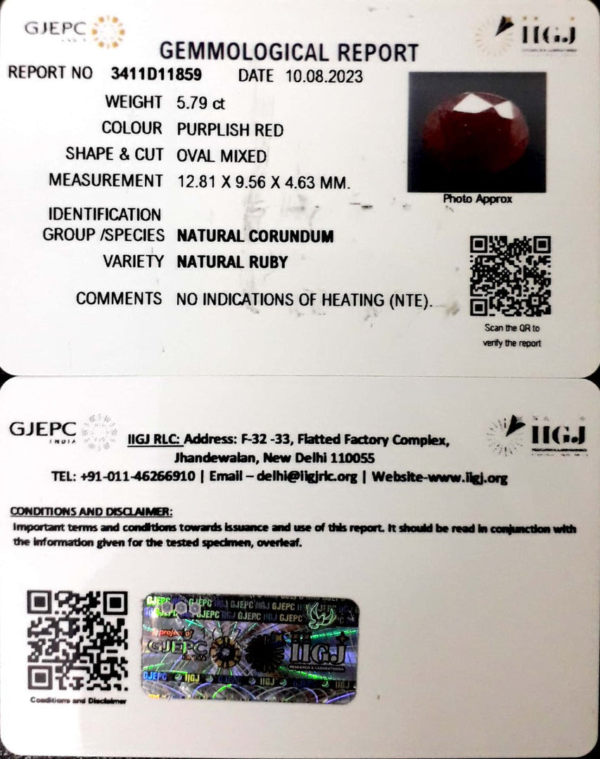 5.79/CT Natural Indian Ruby with Govt. Lab Certificate (1221)