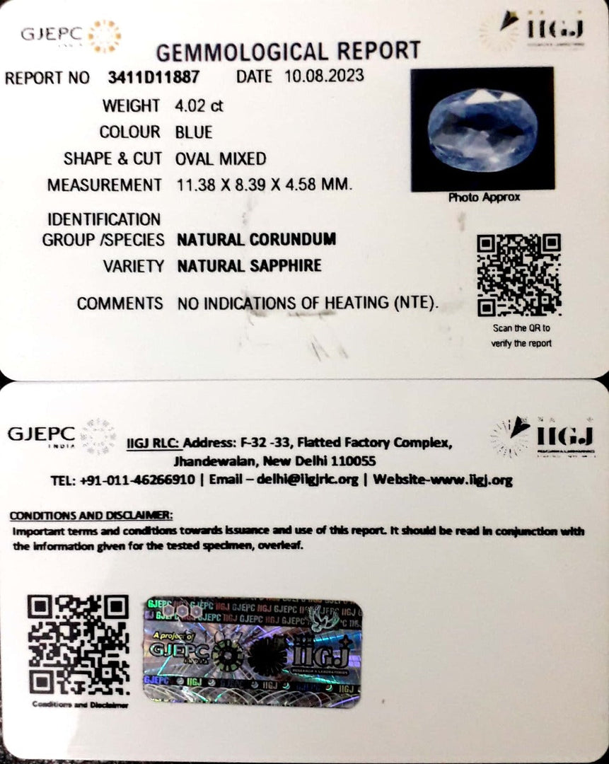 4.02/CT Natural Blue Sapphire with Govt Lab Certificate-BLUSA9A