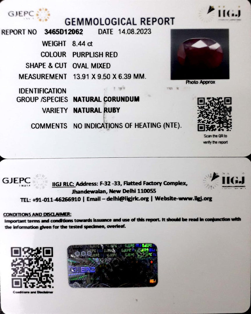 8.44/CT Natural Neo Burma Ruby with Govt. Lab Certificate (4551)