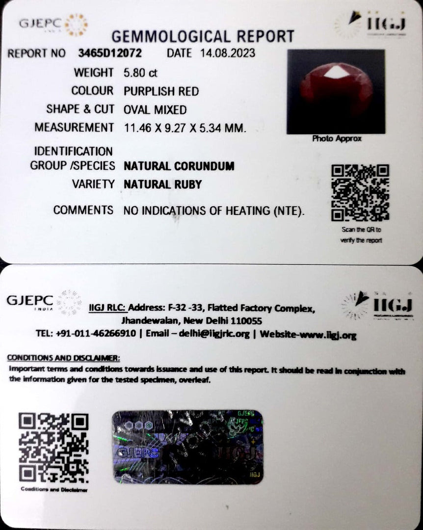 5.80/CT Natural Neo Burma Ruby with Govt. Lab Certificate (2331)