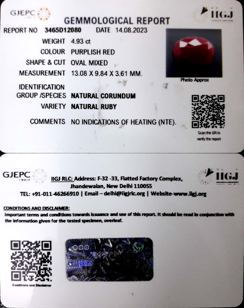 4.93/CT Natural Neo Burma Ruby with Govt. Lab Certificate (3441)