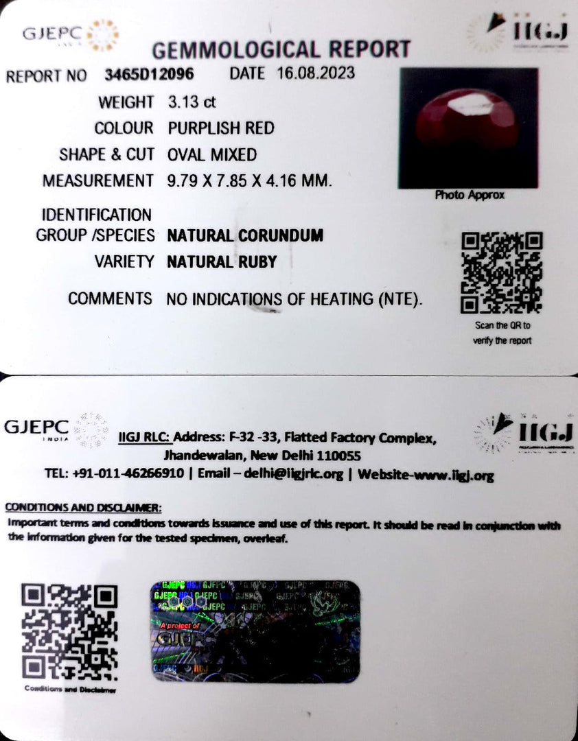 3.13/CT Natural Neo Burma Ruby with Govt. Lab Certificate (4551)