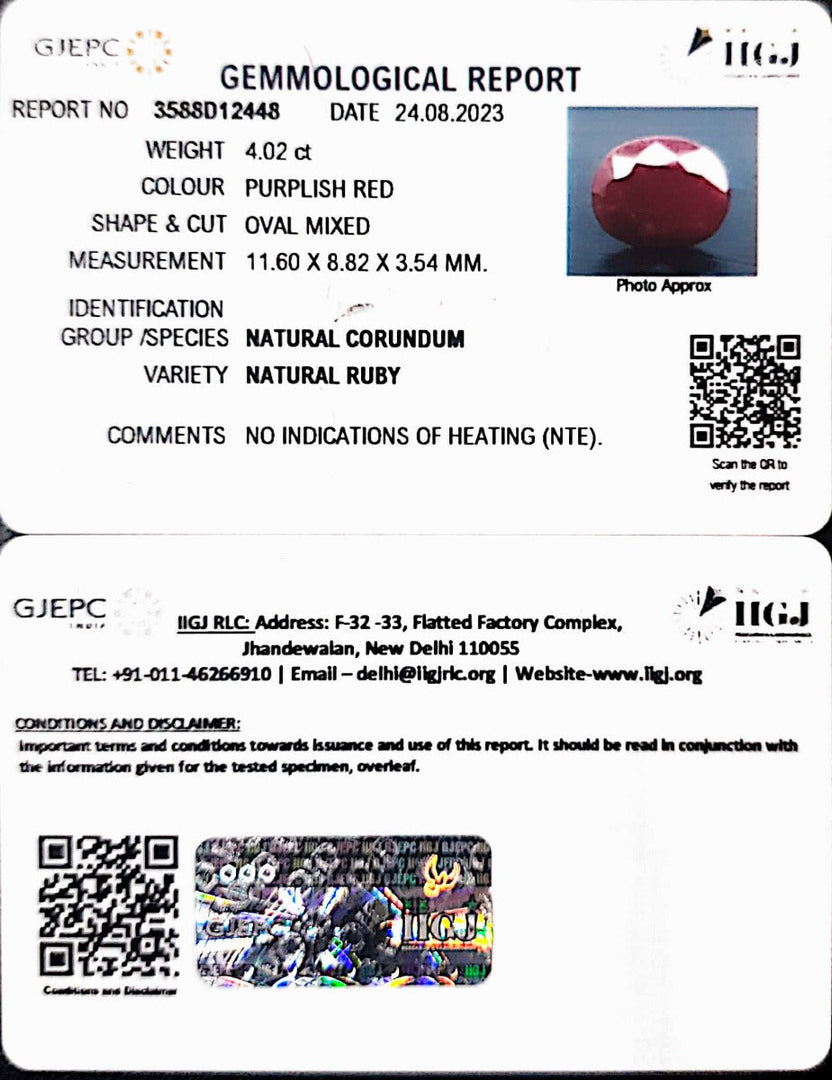 4.02/CT Natural Neo Burma Ruby with Govt. Lab Certificate (3441)