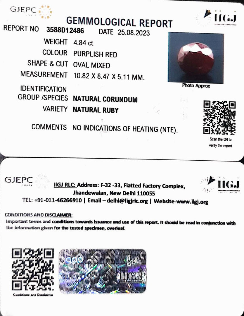 4.84/CT Natural Neo Burma Ruby with Govt. Lab Certificate (3441)