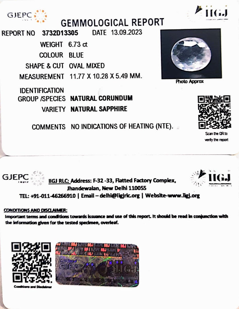 6.73/CT Natural Blue Sapphire with Govt Lab Certificate (23310)