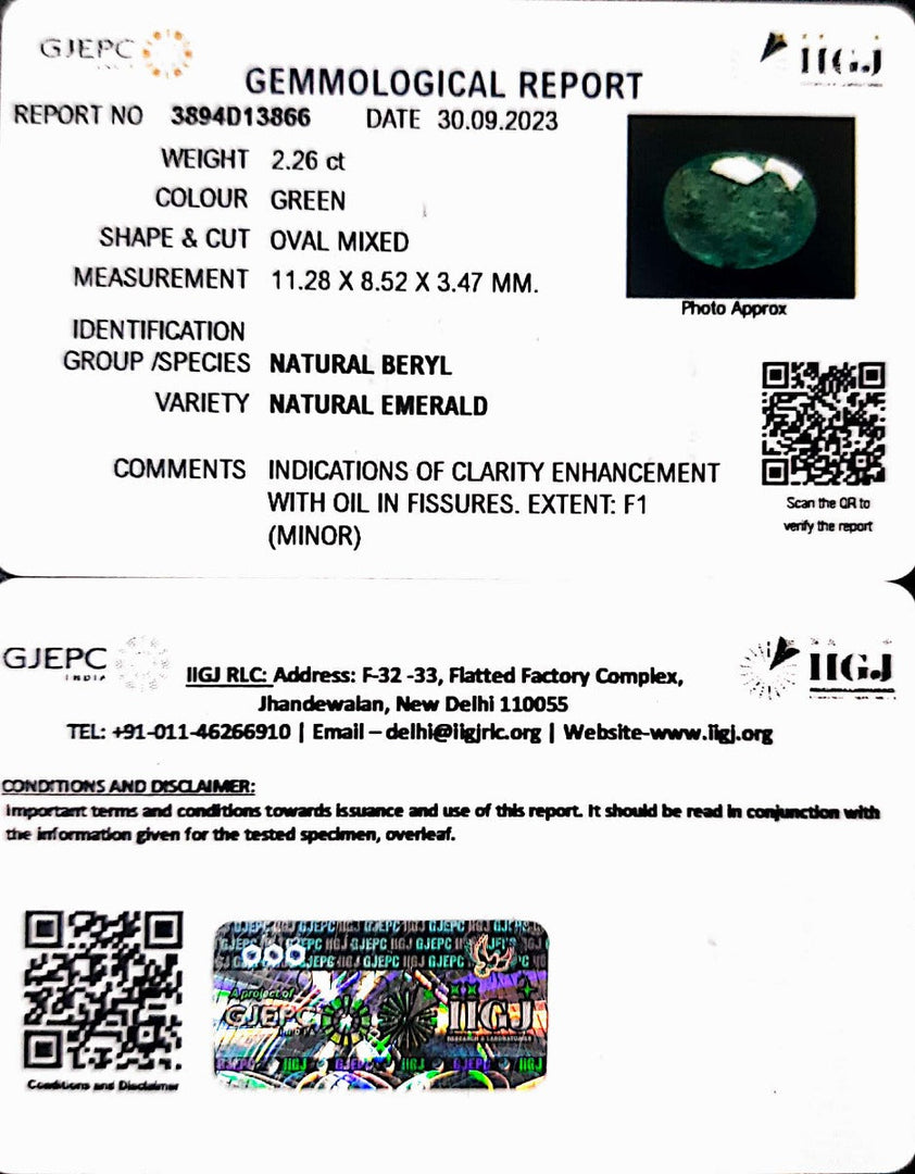 2.26/CT Natural Panna Stone with Govt. Lab Certificate (6771)