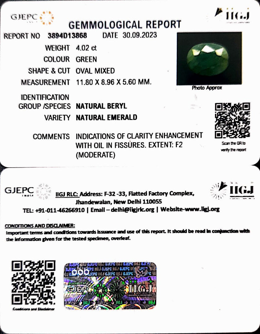 4.02/CT Natural Panna Stone with Govt. Lab Certificate (2331)