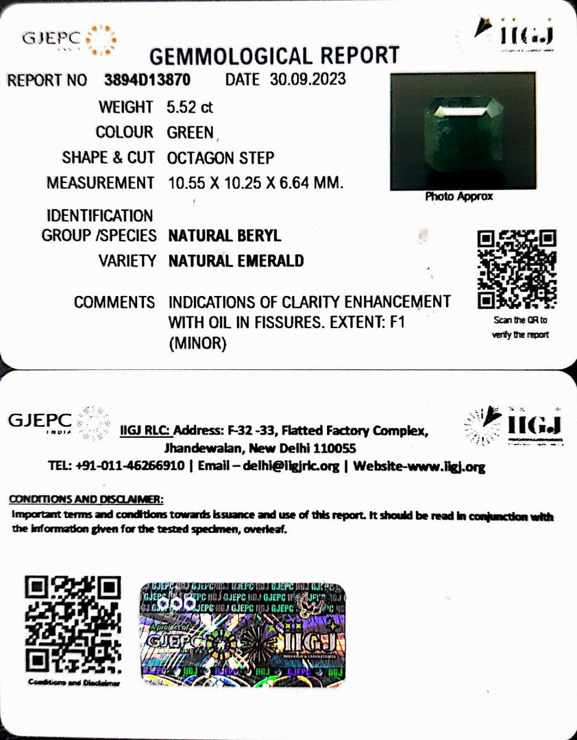 5.52/CT Natural Panna Stone with Govt. Lab Certificate (2331)