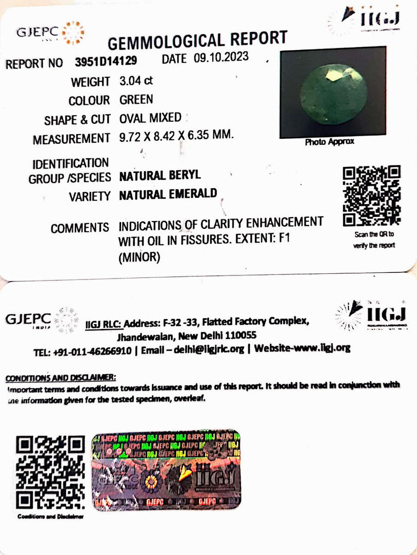 3.04/CT Natural Panna Stone with Govt. Lab Certificate (3441)