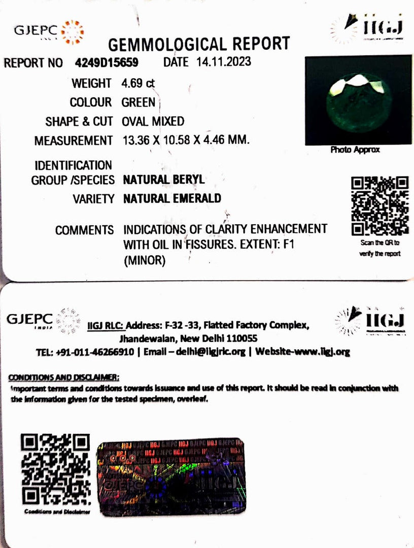 4.69/CT Natural Panna Stone with Govt. Lab Certificate (6771)