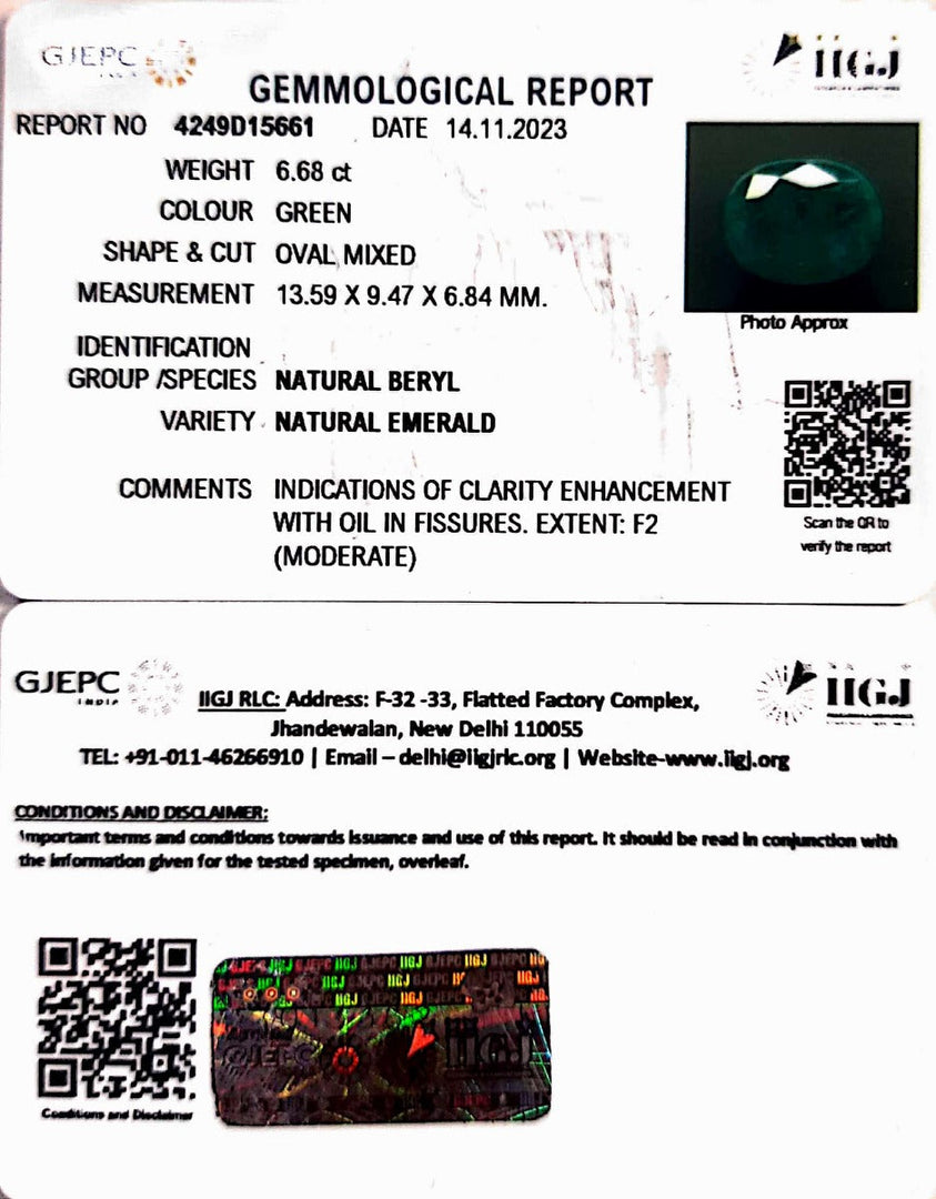 6.68/CT Natural Panna Stone with Govt. Lab Certificate (8991)