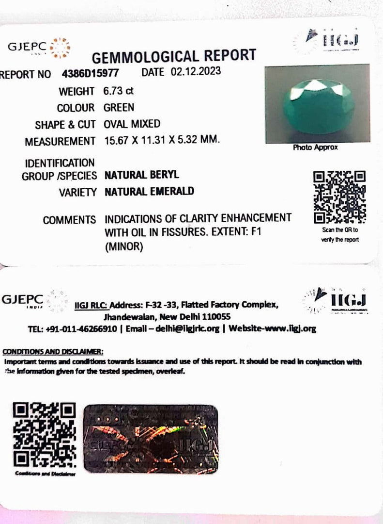 6.73/CT Natural Panna Stone with Govt. Lab Certificate (6771)
