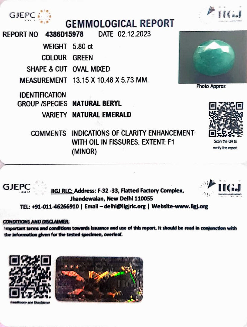 5.80/CT Natural Panna Stone with Govt. Lab Certificate (4551)