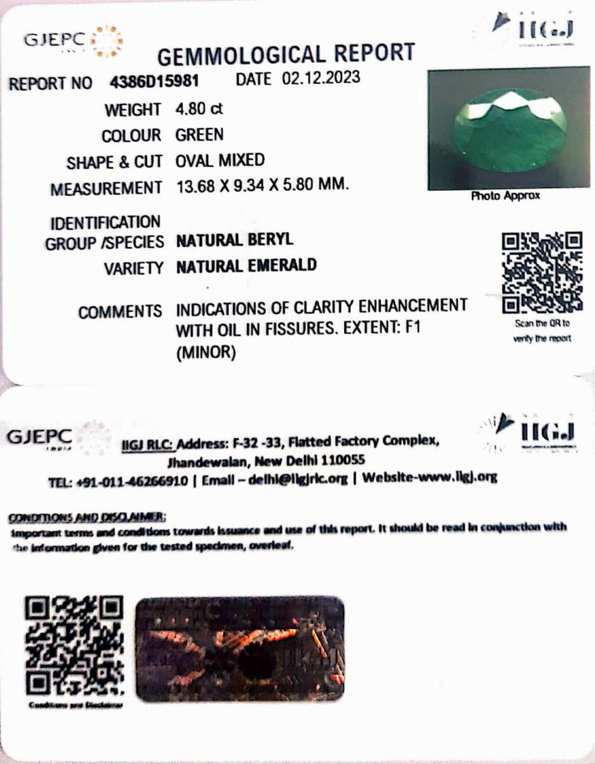 4.80/CT Natural Panna Stone with Govt. Lab Certificate (8991)