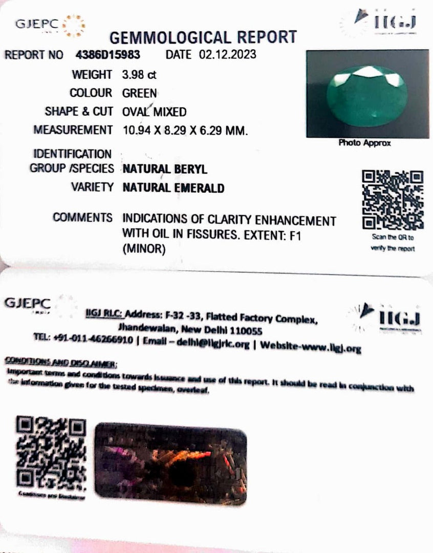 3.98/CT Natural Panna Stone with Govt. Lab Certificate (23310)