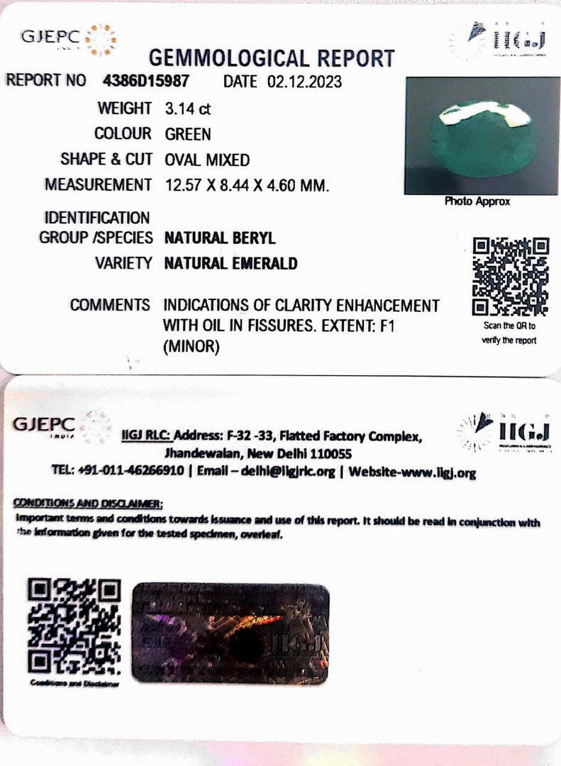 3.14/CT Natural Panna Stone with Govt. Lab Certificate (23310)