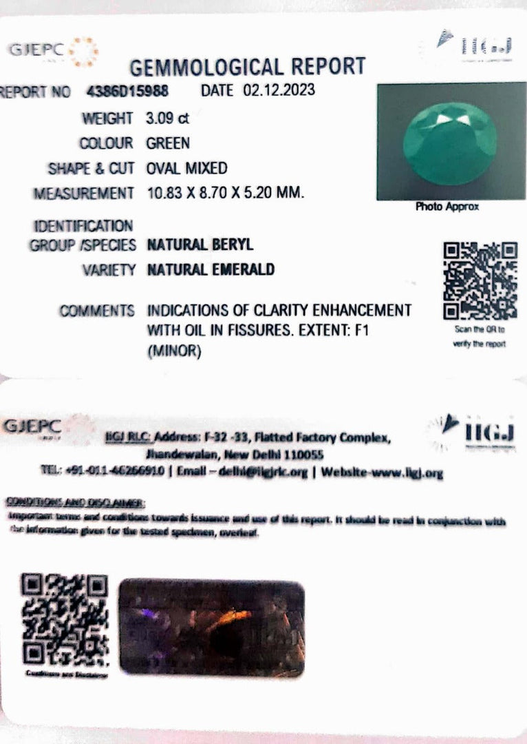3.09/CT Natural Panna Stone with Govt. Lab Certificate (8991)