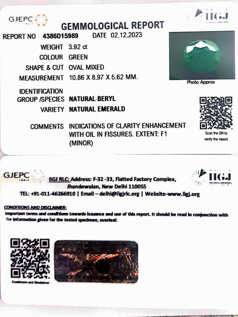 3.92/CT Natural Panna Stone with Govt. Lab Certificate (34410)