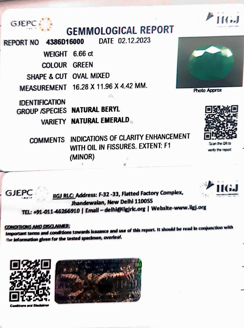 6.66/CT Natural Panna Stone with Govt. Lab Certificate (8991)