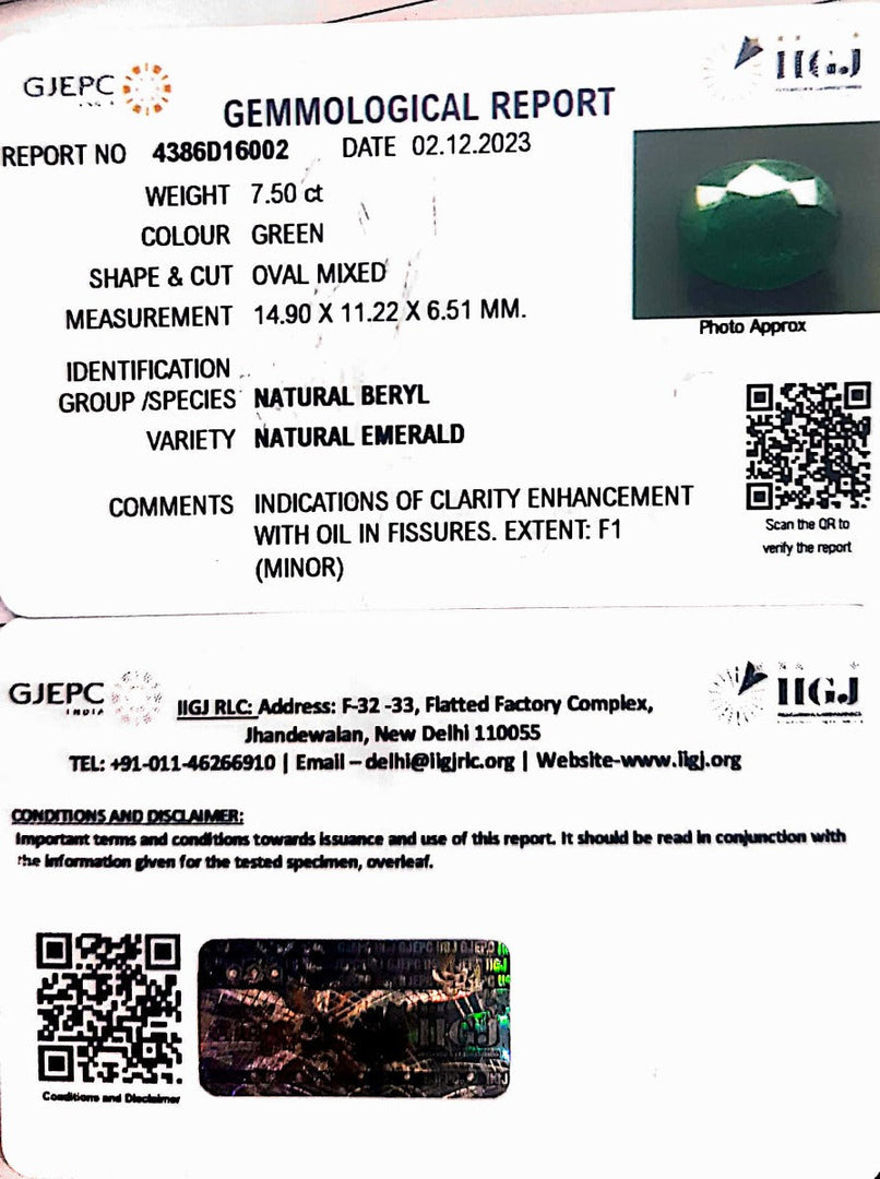 7.50/CT Natural Panna Stone with Govt. Lab Certificate (8991)