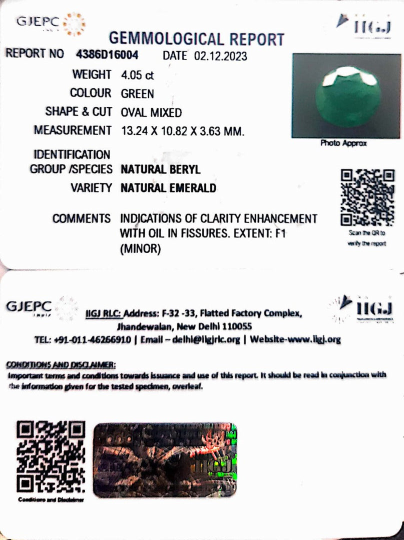 4.05/CT Natural Panna Stone with Govt. Lab Certificate (6771)