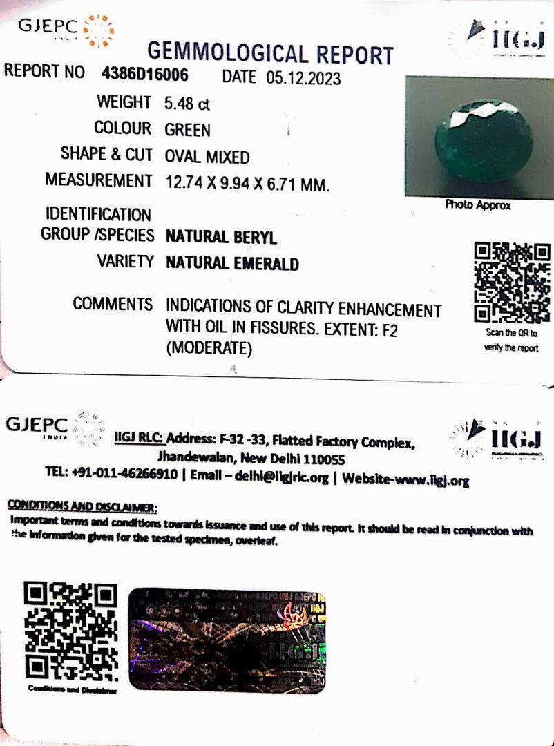 5.48/CT Natural Panna Stone with Govt. Lab Certificate (34410)