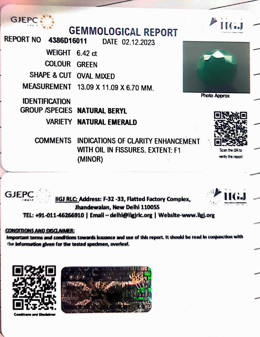 6.42/CT Natural Panna Stone with Govt. Lab Certificate (3441)