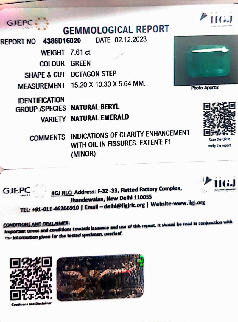 7.61/CT Natural Panna Stone with Govt. Lab Certificate-16650