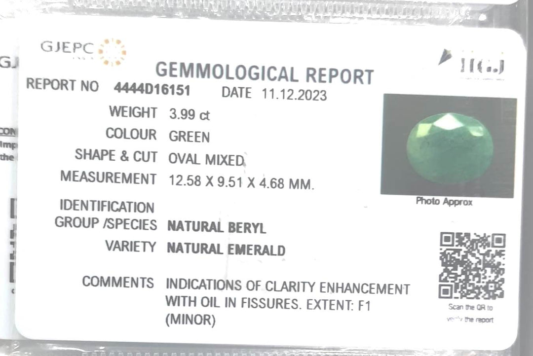 3.99/CT Natural Panna Stone with Govt. Lab Certificate (1221)
