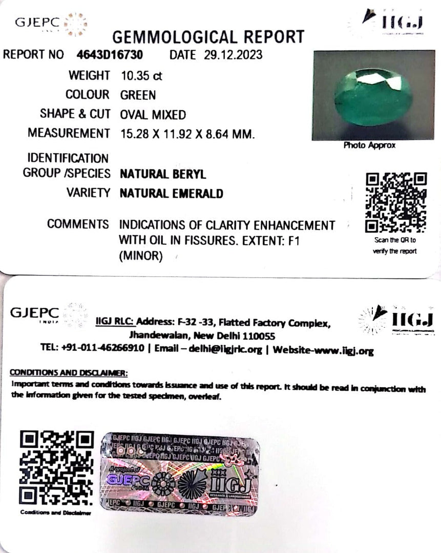 10.35/CT Natural Panna Stone with Govt. Lab Certificate (16650)
